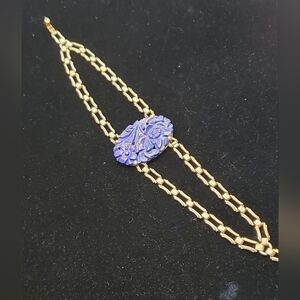 Art Deco Sterling Floral Carved Sodalite or Lapis Bracelet Antique Delicate